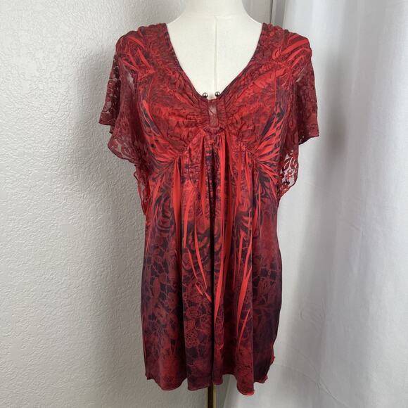 Y2K One World Top Womens Medium Red Lace Babydoll Tunic Fairy Whimsigoth Boho - Picture 1 of 13